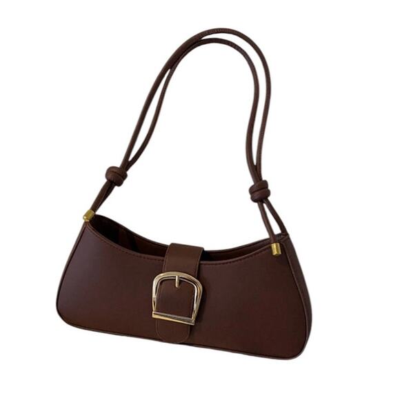 Micas Women's Small Coffee Brown Gold Faux Leather Belted Shoulder Bag - Picture 2 of 5